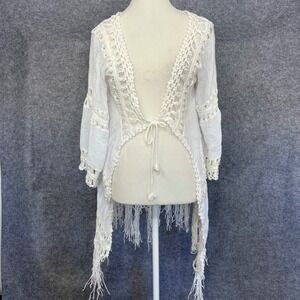 Vivid White Crochet Lace Fringe Kimono Cardigan Cover Up Boho Festival Size S